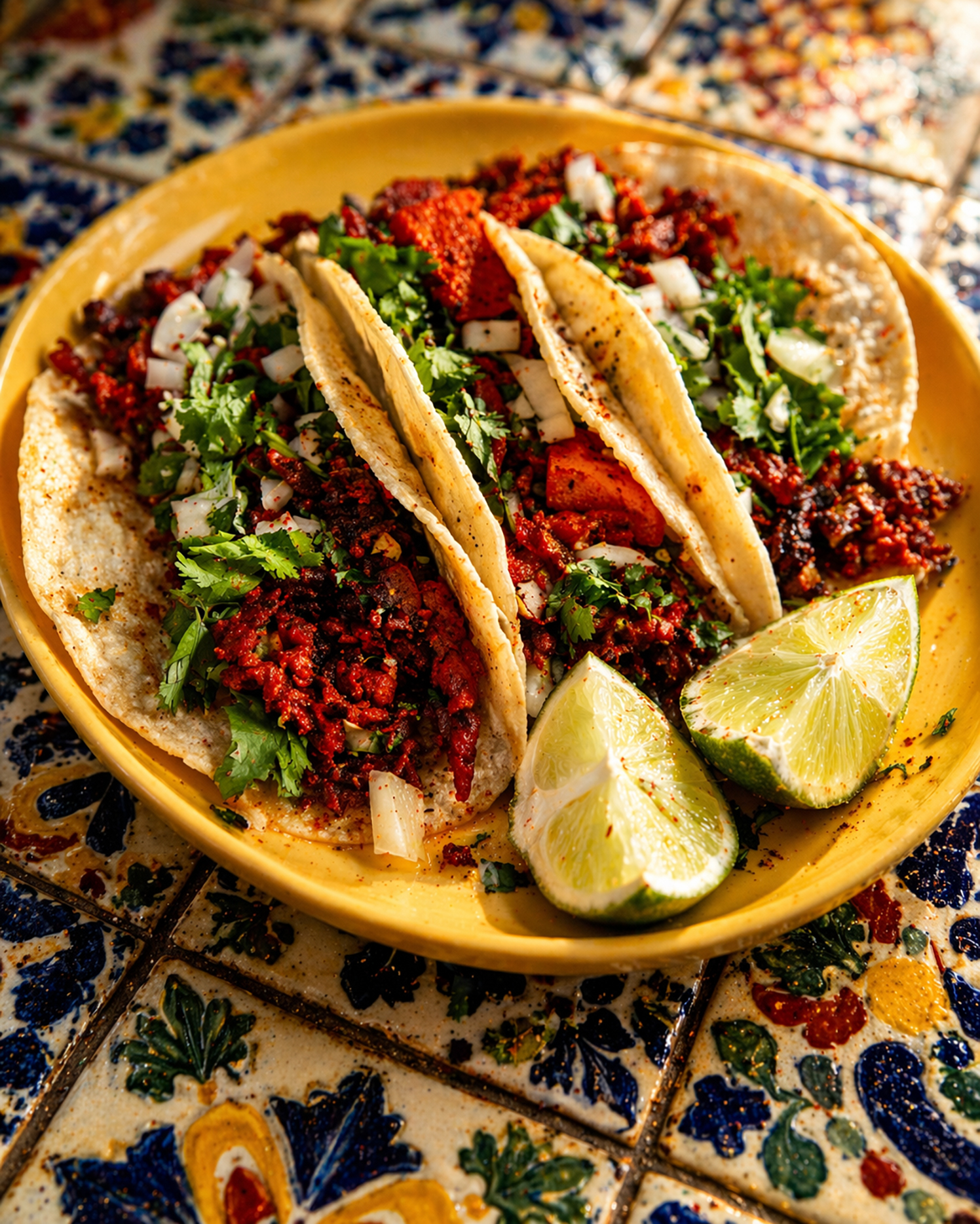 Tacos al pastor on yellow plate